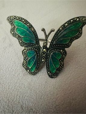 Vintage 925 Thailand Green Cloissonne Enamel Marcasite Butterfly Statement Ring